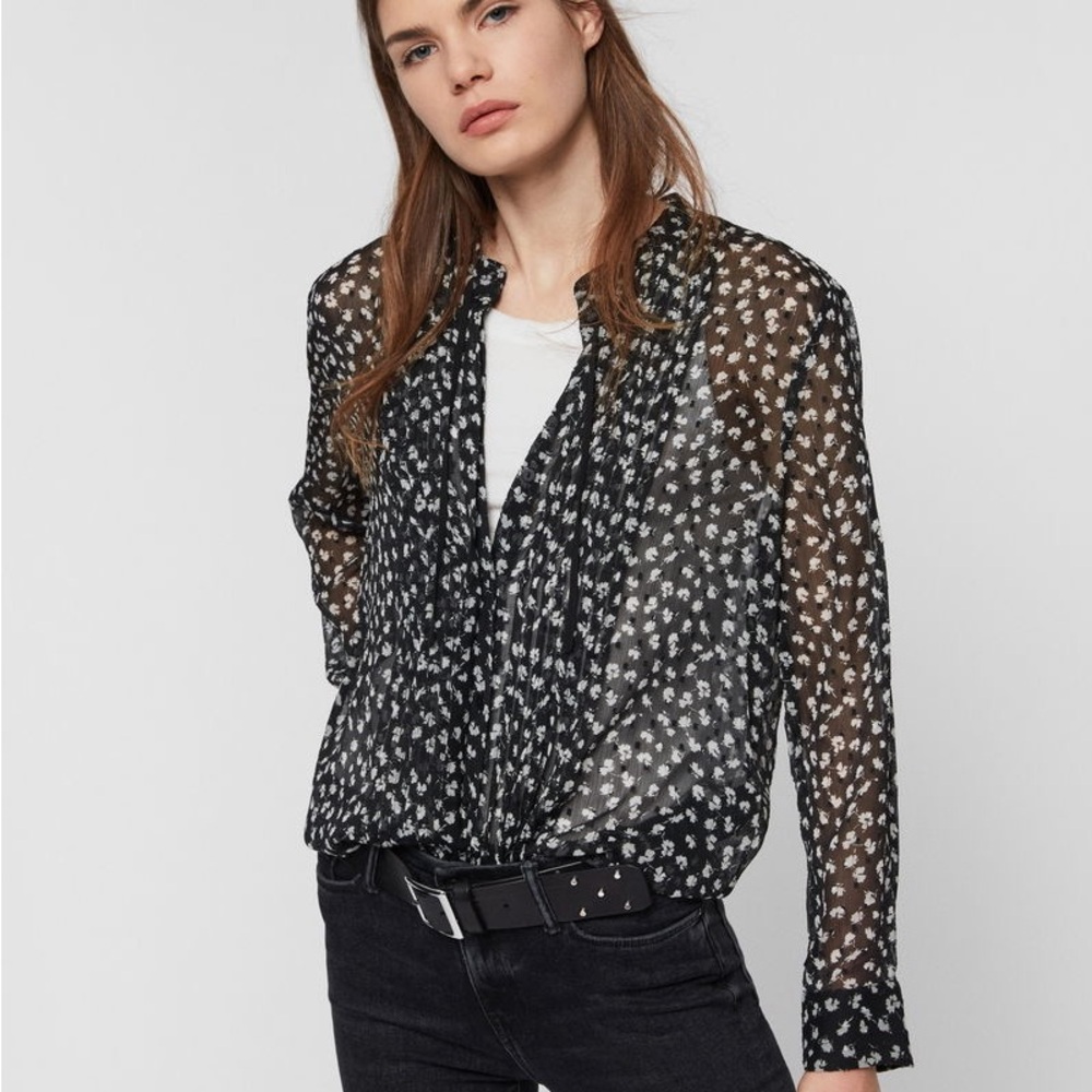 All Saints Black and White Patterned Sheer Blouse